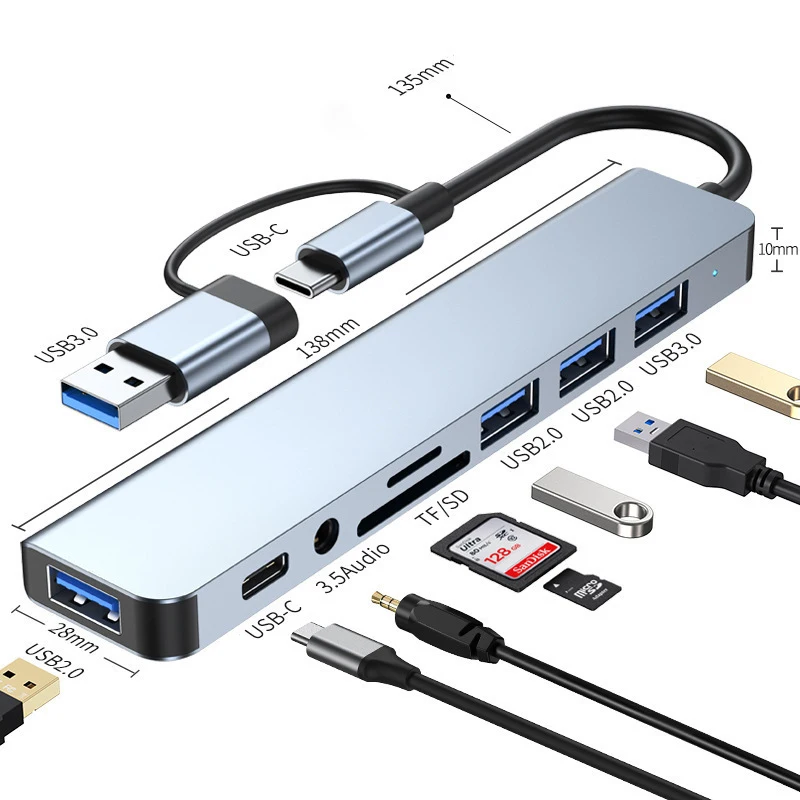 8-in-2 USB & Type-C HUB | Docking Station with Audio Jack, Micro SD Reader for Laptop, Tablet & Phone